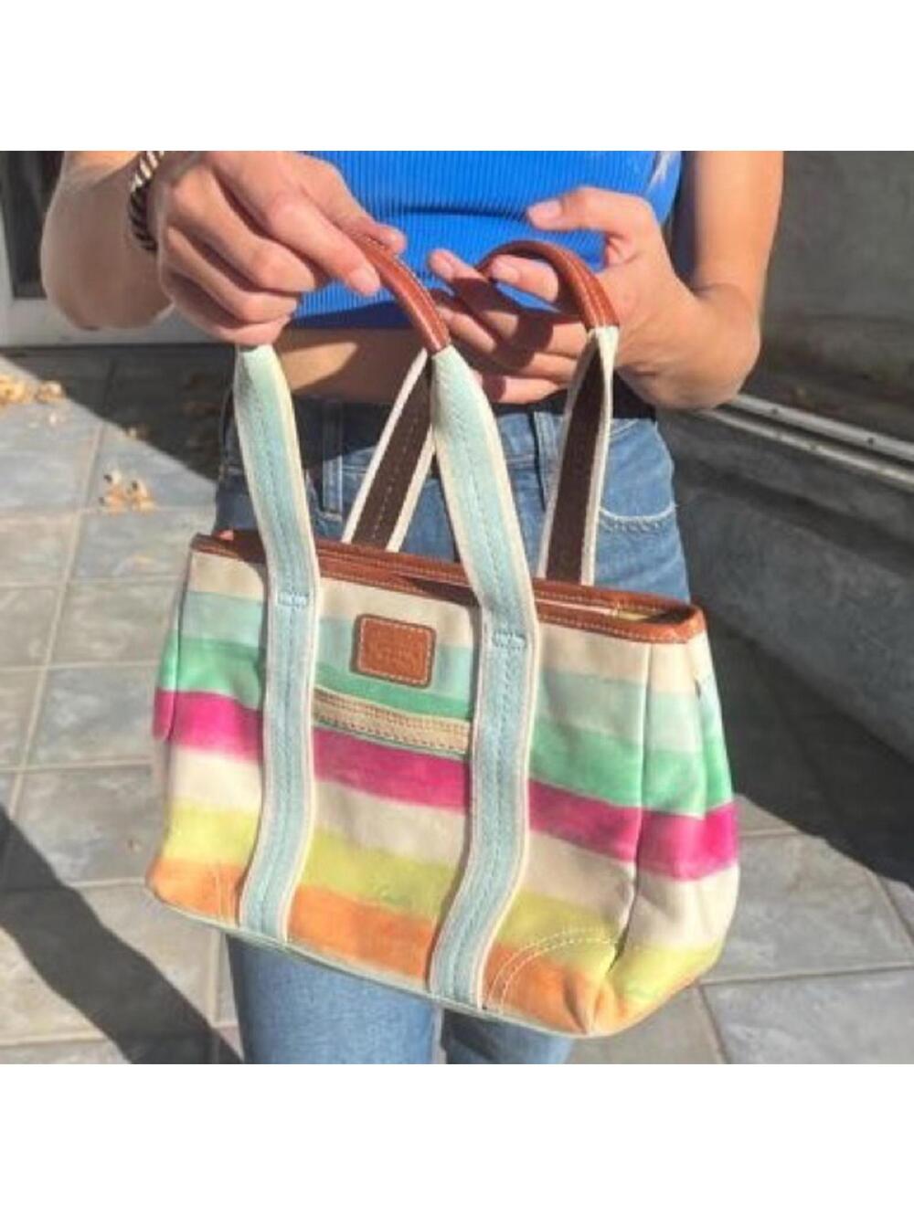 Y2K Coach Hampton’s Pastel Stripes Canvas Tote Bag Leather Trim - Picture 3 of 5